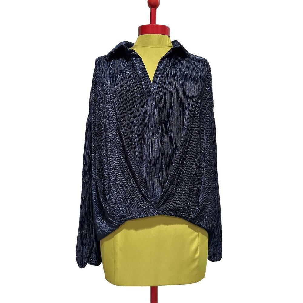 Anthropologie Skies Are Blue Shimmer Crinkle Oversize High Low Blouse Navy Blue